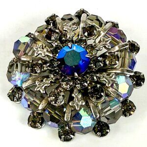 Vintage Blue Aurora Borealis Silver Tone Round Rhinestones Rondelle Beads 1.5''